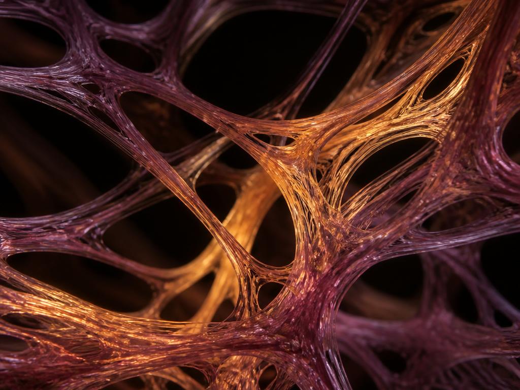 Macro study of an interwoven fibrous collagen matrix in amber and plum